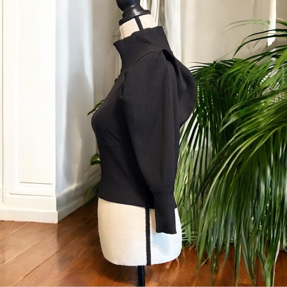 FREE PEOPLE Black Ribbed Puff Shoulder Mock Neck Sweater - Size Small - Picture 7 of 16